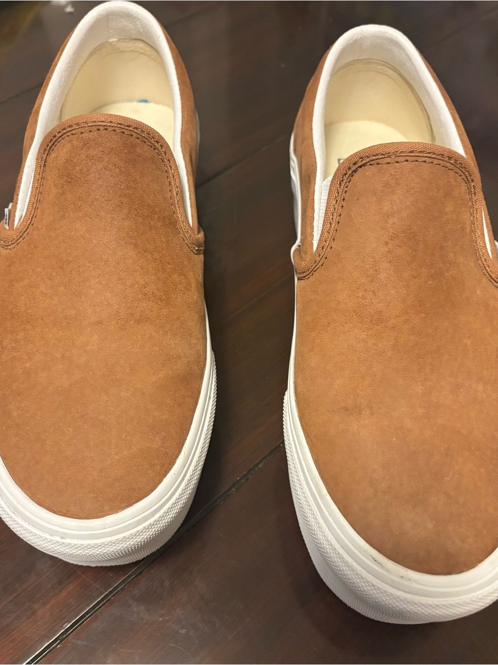 Vans Slip-On Platform Sneakers - Tan & White Soft Suede - Picture 2 of 6